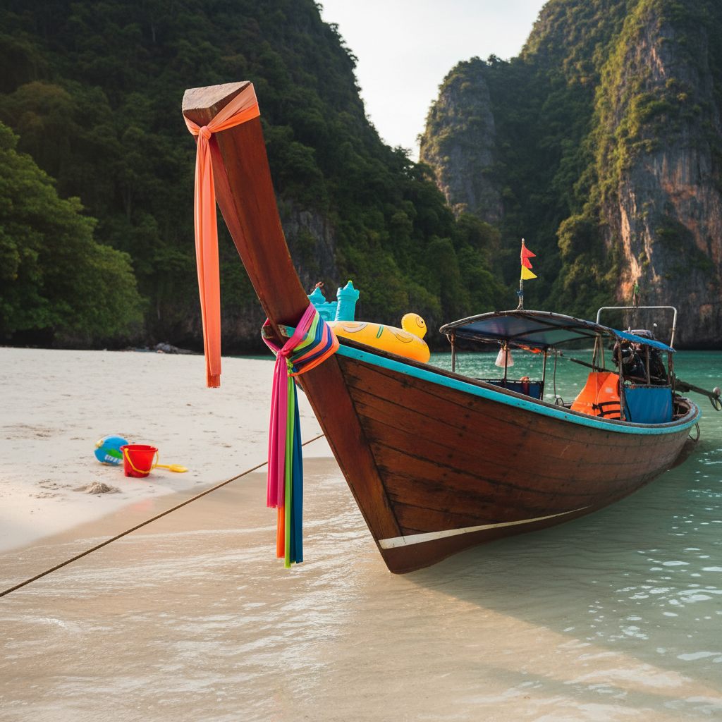 A long-tail boat painted in vibrant red, turquoise, and yellow rests in shallow, crystal-clear water at a Thai island beach, its prow decorated with fluttering fabric ribbons in bright, cheerful colors. In the boat’s bow, a small, colorful plastic sandcastle mold, child-sized life jacket, and inflatable ring hint at family fun. The background shows soft white sand, scattered beach toys, and jungle-covered limestone cliffs rising dramatically. Captured in photographic realism from a low, three-quarter angle, the late-afternoon golden light creates sparkling highlights on the water and gentle reflections on the boat’s worn wood, giving a playful, adventurous mood perfect for a kid-friendly island-hopping itinerary.