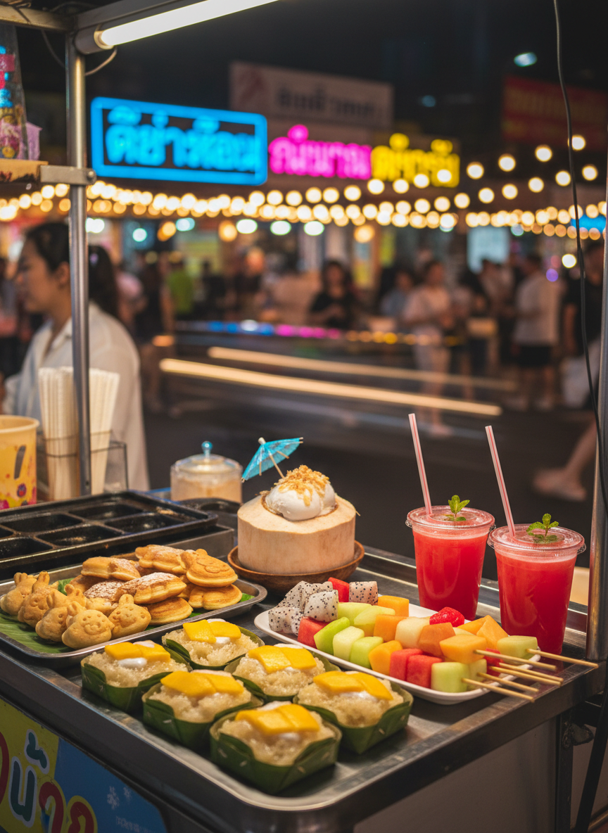 A playful arrangement of Thai street food suitable for children spread across a small stainless-steel street stall counter, including mild mango sticky rice neatly portioned, colorful fruit skewers, mini pancakes shaped like animals, and coconut ice cream served in a hollowed-out coconut shell. Bright plastic cups with straws filled with fresh watermelon juice stand beside them. Neon signs and hanging fairy lights glow softly in the background of a bustling night market. Photographic realism with vibrant colors, captured at eye level with a shallow depth of field so the foreground treats are sharp and mouthwatering while the lively scene behind turns into soft, colorful bokeh, conveying a fun, safe, and inviting atmosphere for families.