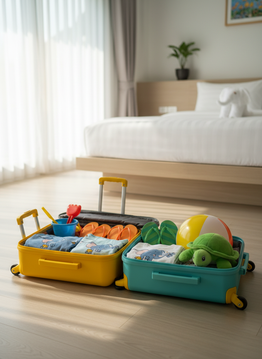 A cozy twin set of small, colorful rolling suitcases, one sunshine yellow and one aqua blue, standing side by side on a smooth wooden floor in a bright, modern Thai guesthouse room. Each suitcase is slightly open, revealing neatly rolled children’s T-shirts with cartoon elephants, tiny flip-flops, bucket-and-spade beach toys, and a plush sea turtle. Soft natural light filters through gauzy white curtains, casting gentle shadows and a warm glow. The composition is centered and eye-level, in photographic realism, with sharp focus on the textures of fabric and plastic while the background bed with a folded towel-origami elephant is lightly blurred, evoking a playful, organized family travel vibe.
