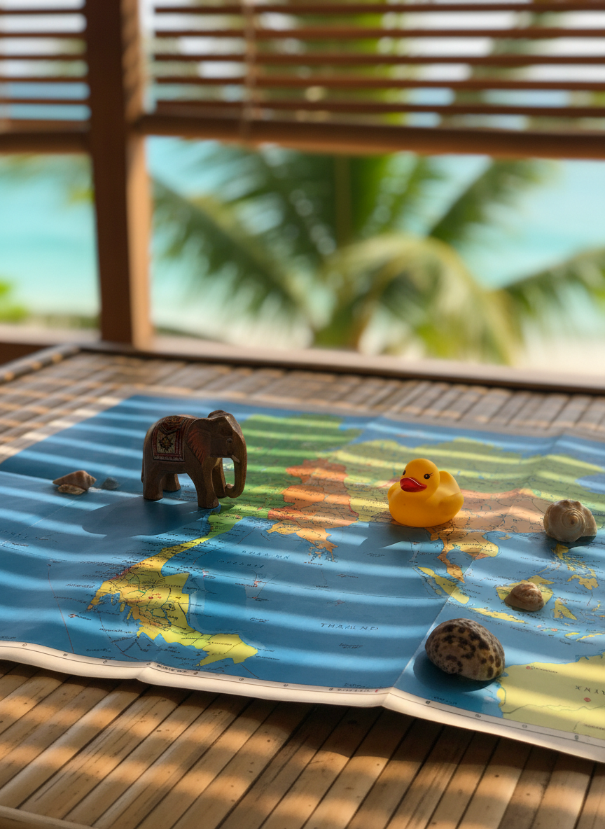 A colorful, well-worn paper map of Thailand spread across a light bamboo table in a bright beach bungalow, with a toy wooden elephant, seashells, and a small rubber duck marking different regions. Soft late-morning tropical sunlight pours through slatted windows, creating playful stripes of light and shadow across the map. In the blurred background, a glimpse of turquoise sea and lush palm leaves adds context. Photographic realism with a vibrant, family-friendly aesthetic, shot from a slightly elevated angle with shallow depth of field so the map details are crisp while the surroundings melt into a soft, inviting bokeh, capturing the excitement of planning a three-week Thailand adventure with kids.